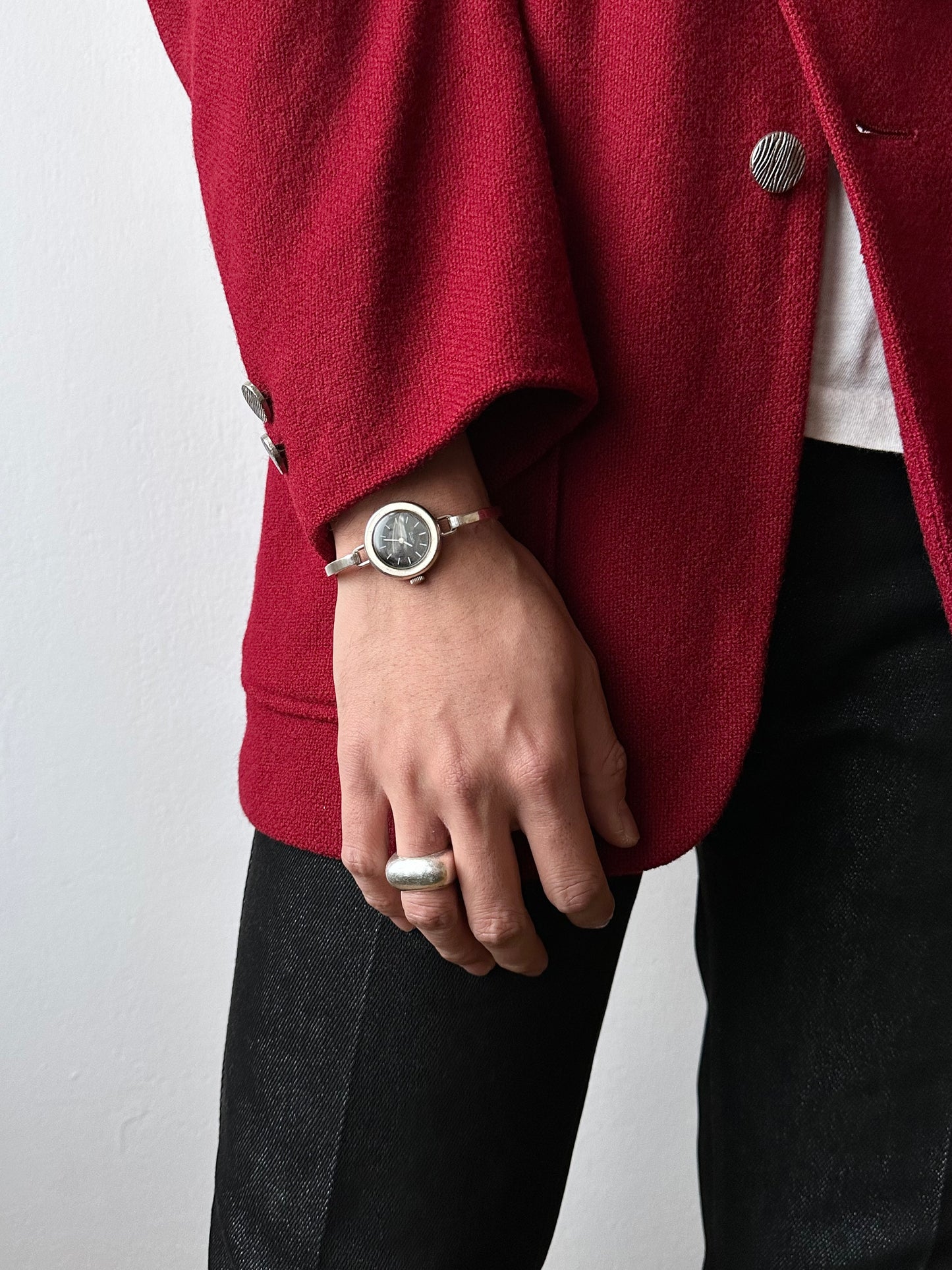 60-70s silver 835 black dial watch