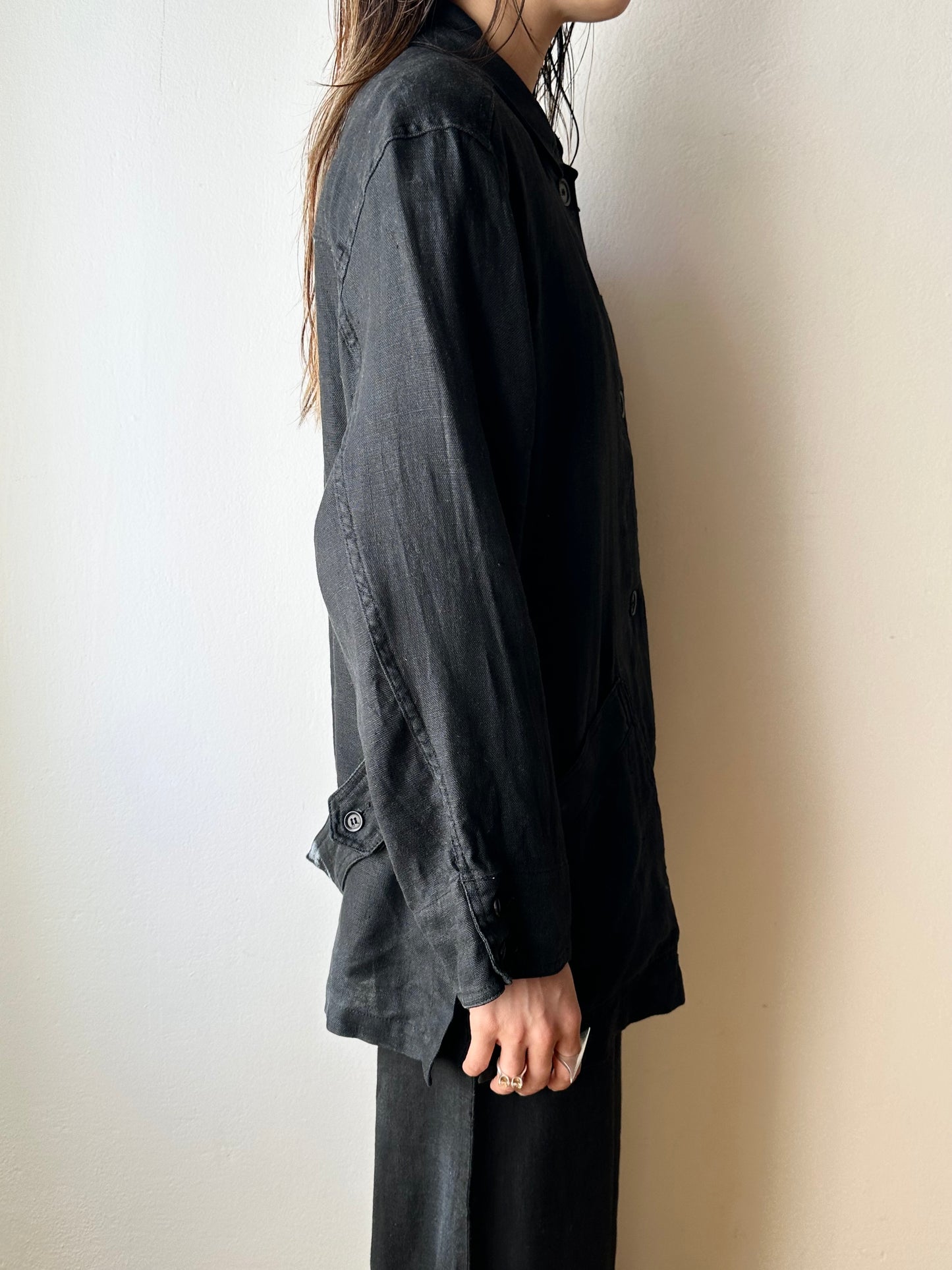 French black linen shirt jacket