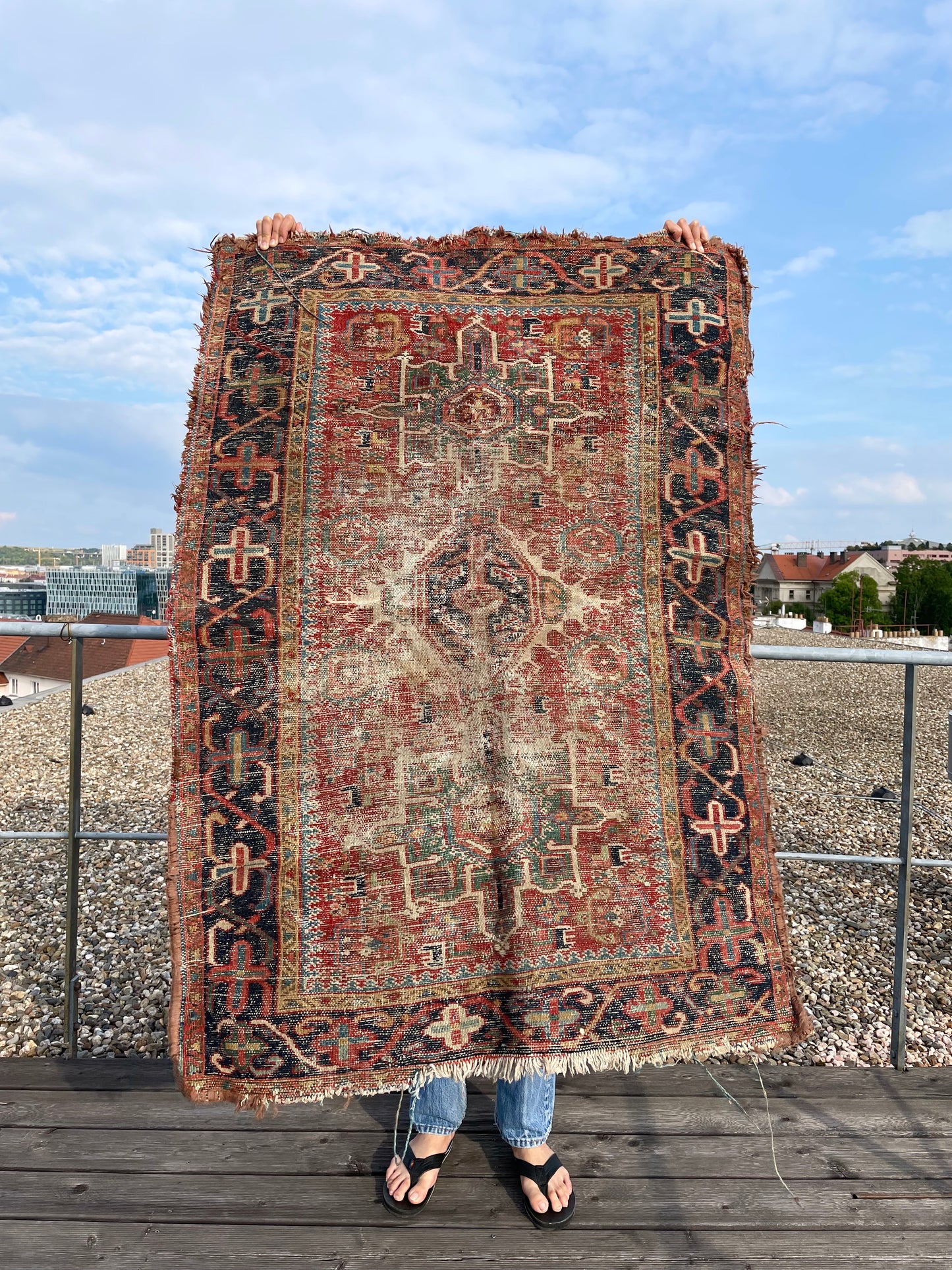 great faded hand woven antique rug
