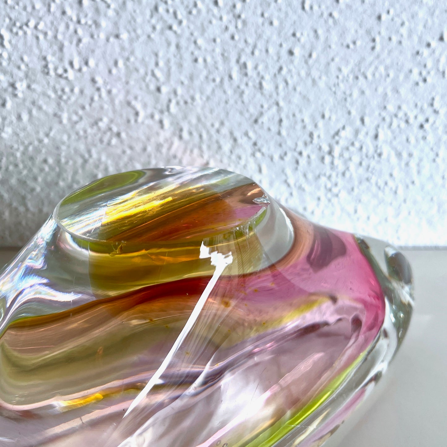 70's Český glass ash tray - pink yellow