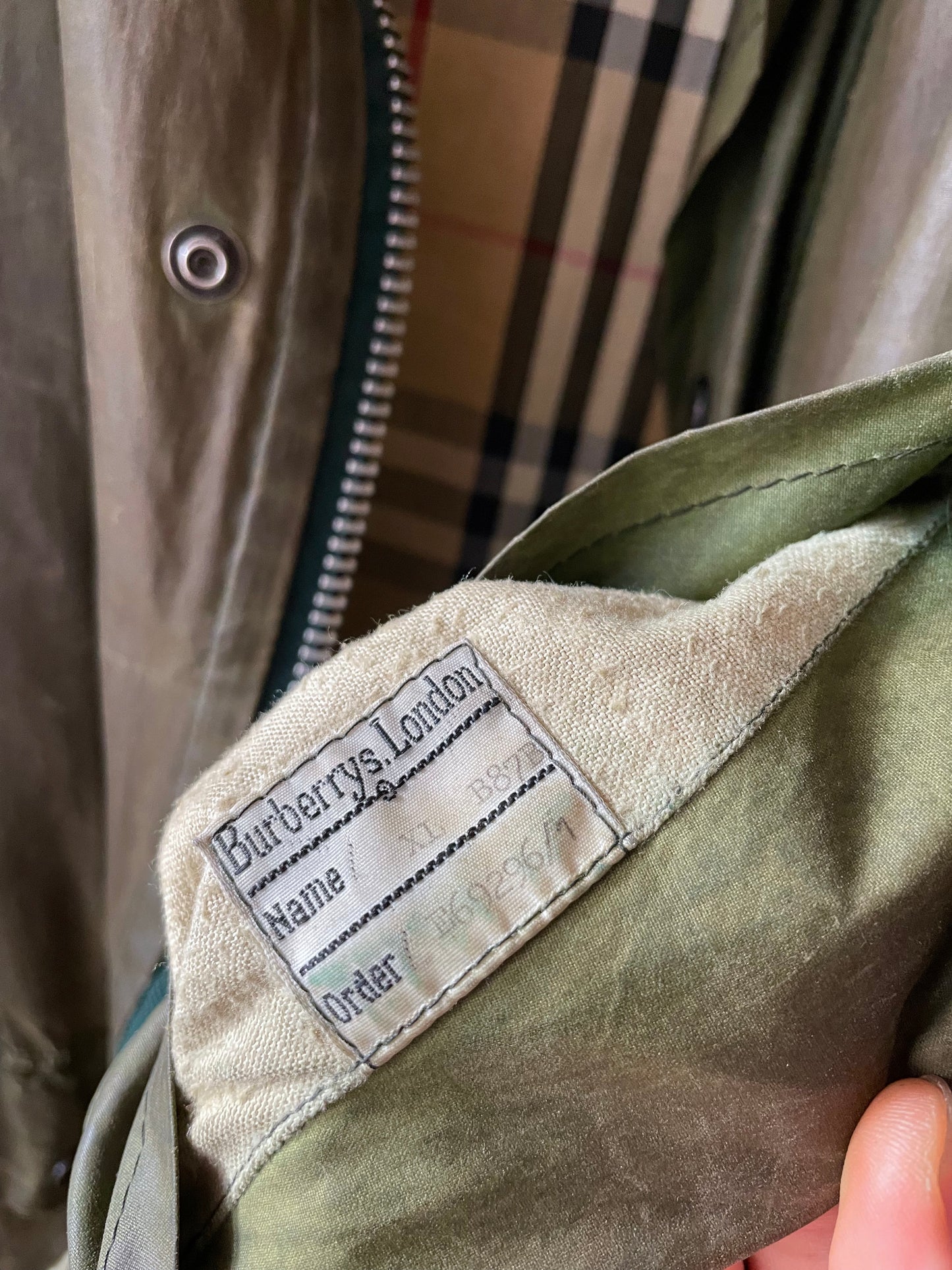 1987s Burberrys waxed cotton hunting jacket. Made in England.
