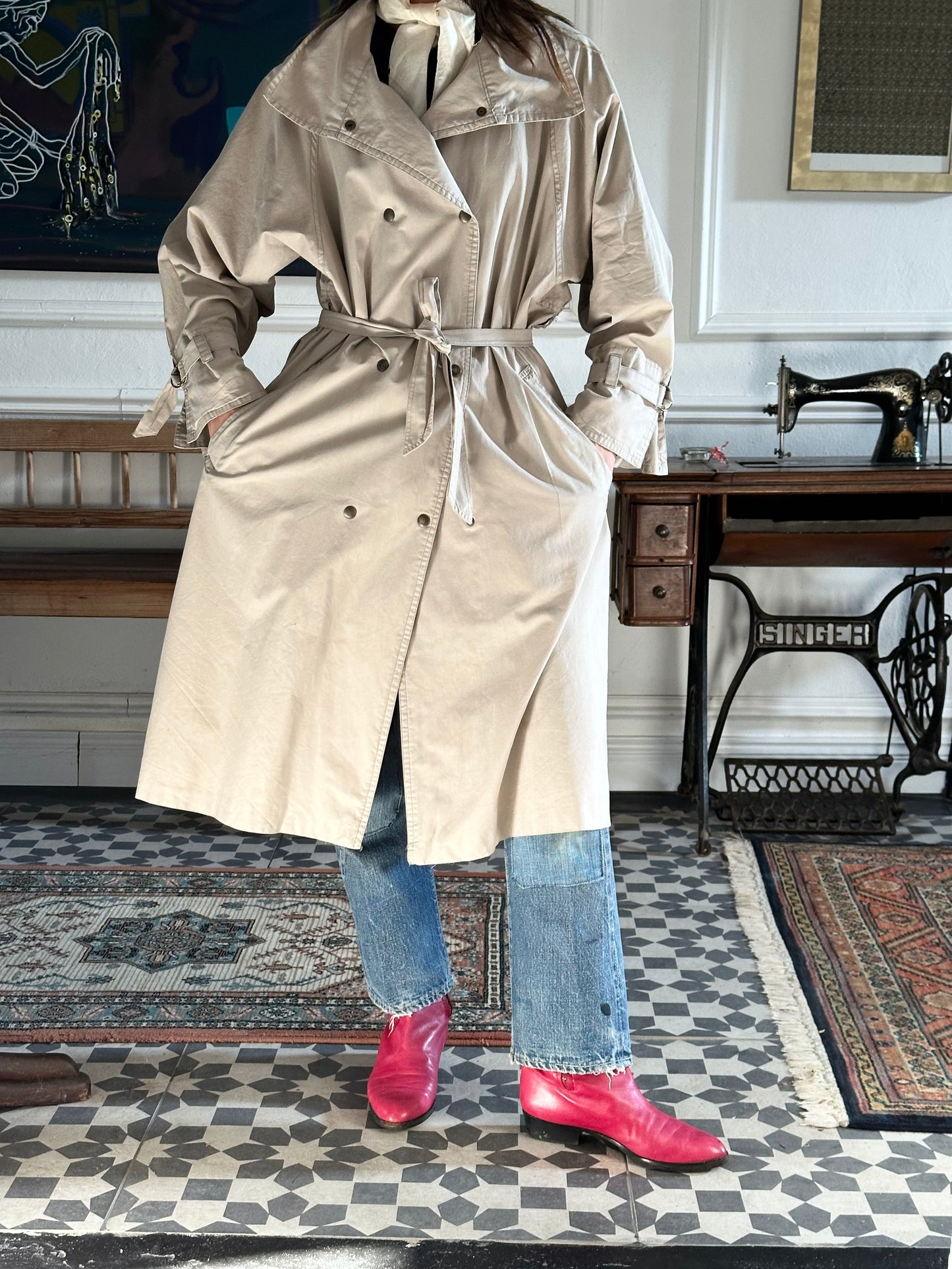 80s France double snap buttons cotton coat
