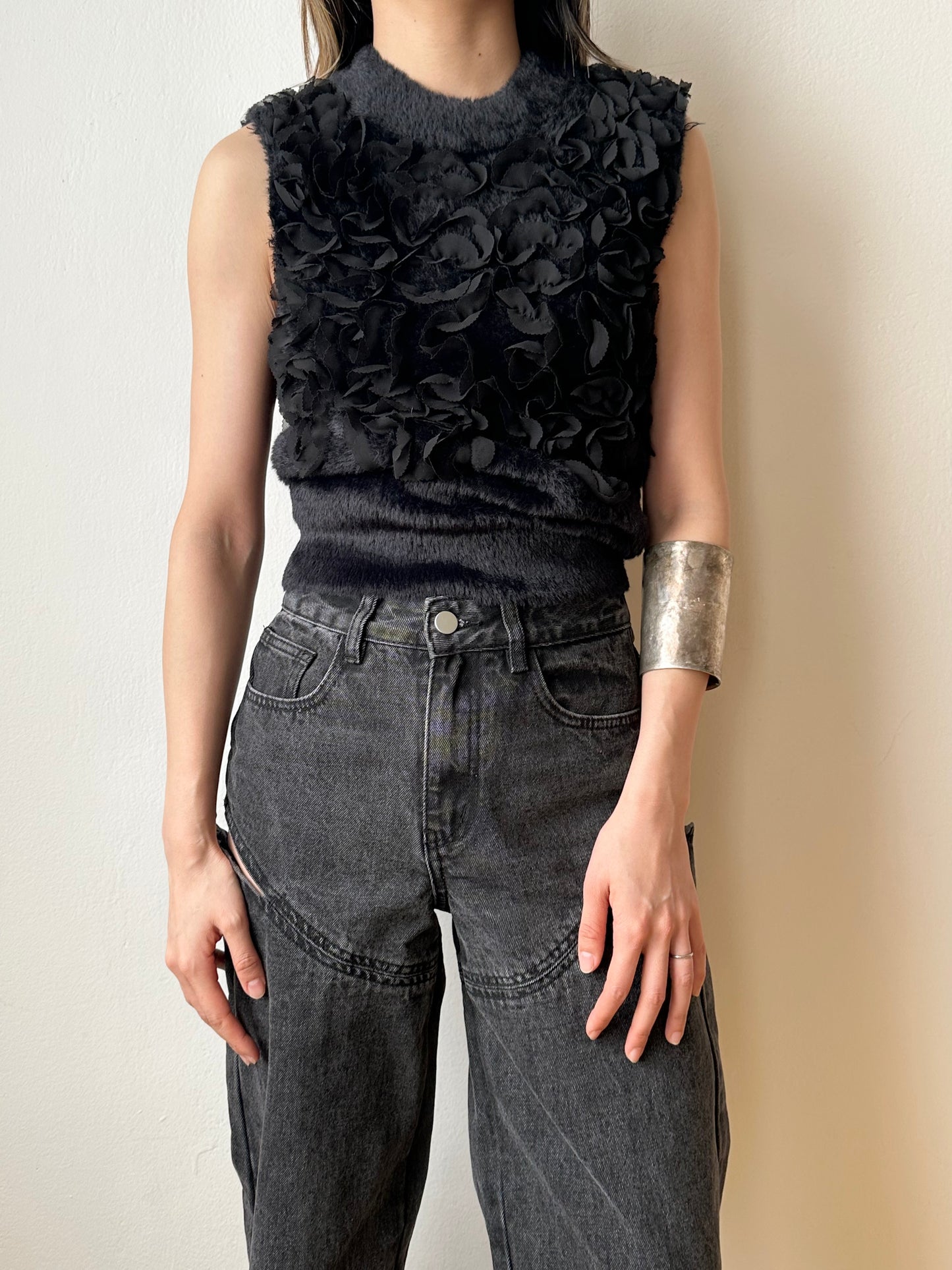 Black fur petals top