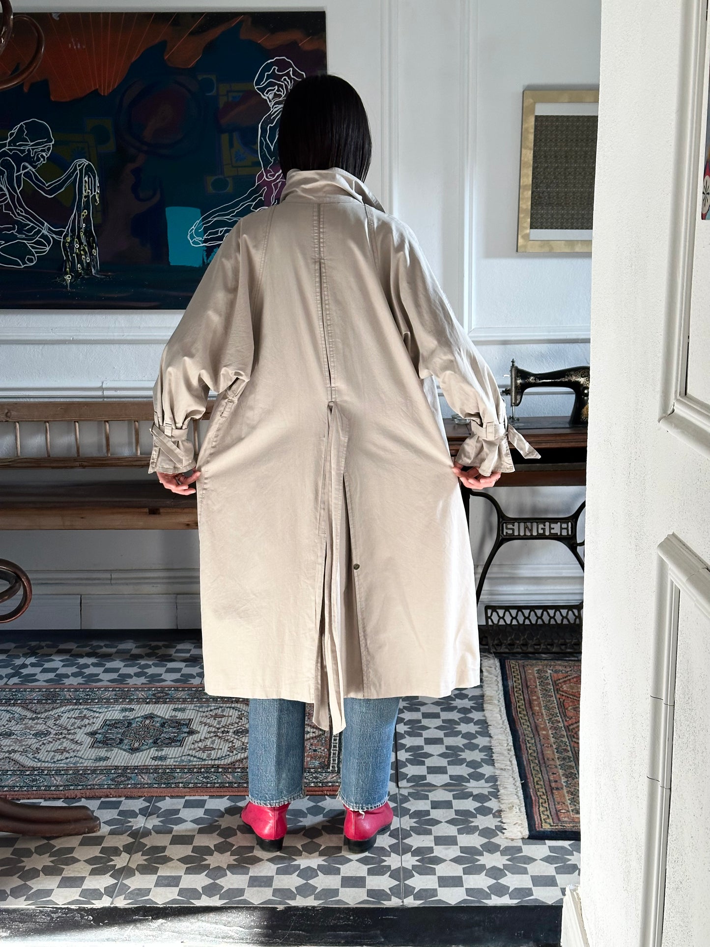 80s France double snap buttons cotton coat