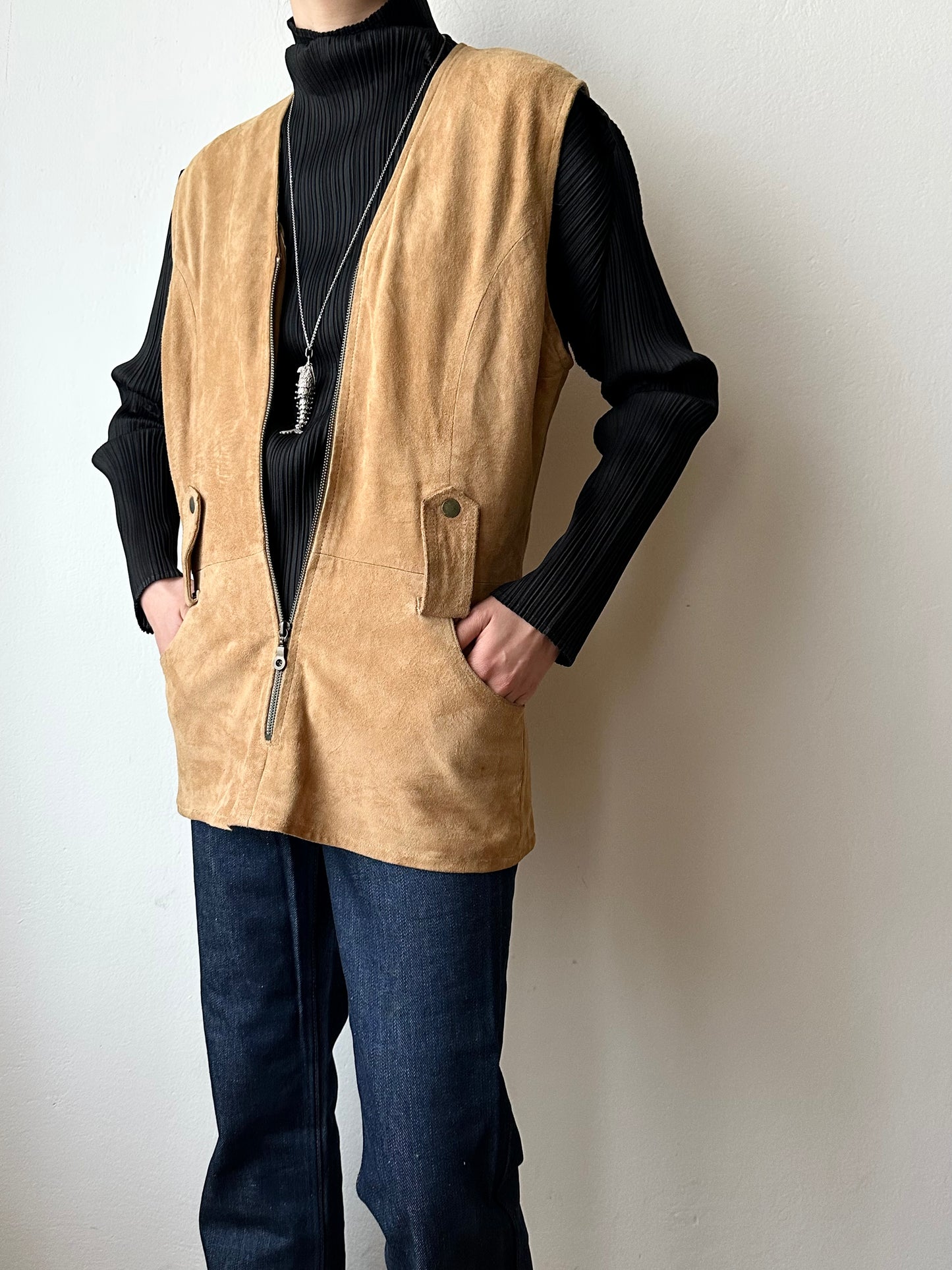 Nubuck leather belted vest