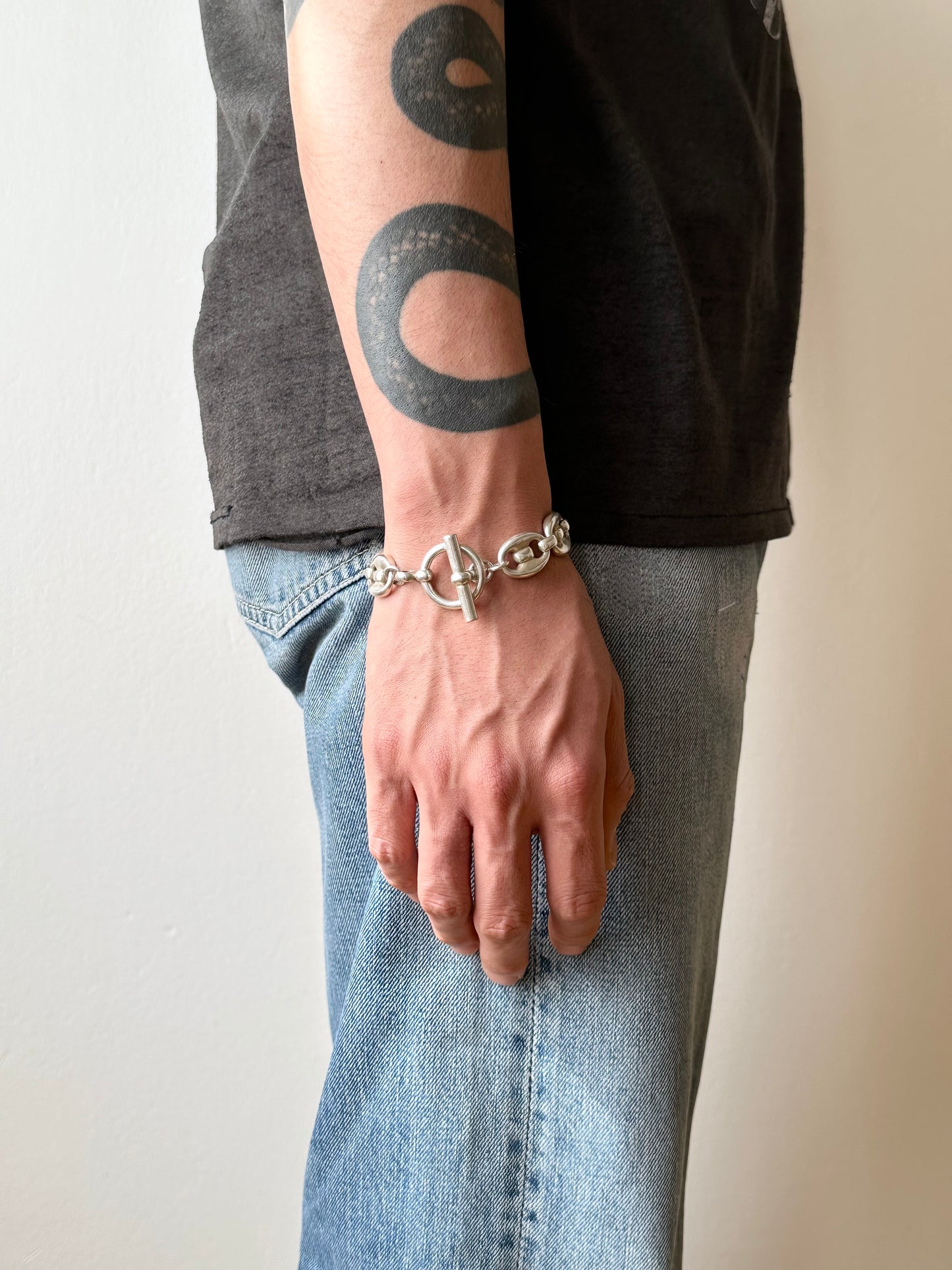 French silver puffed mariner chain bracelet