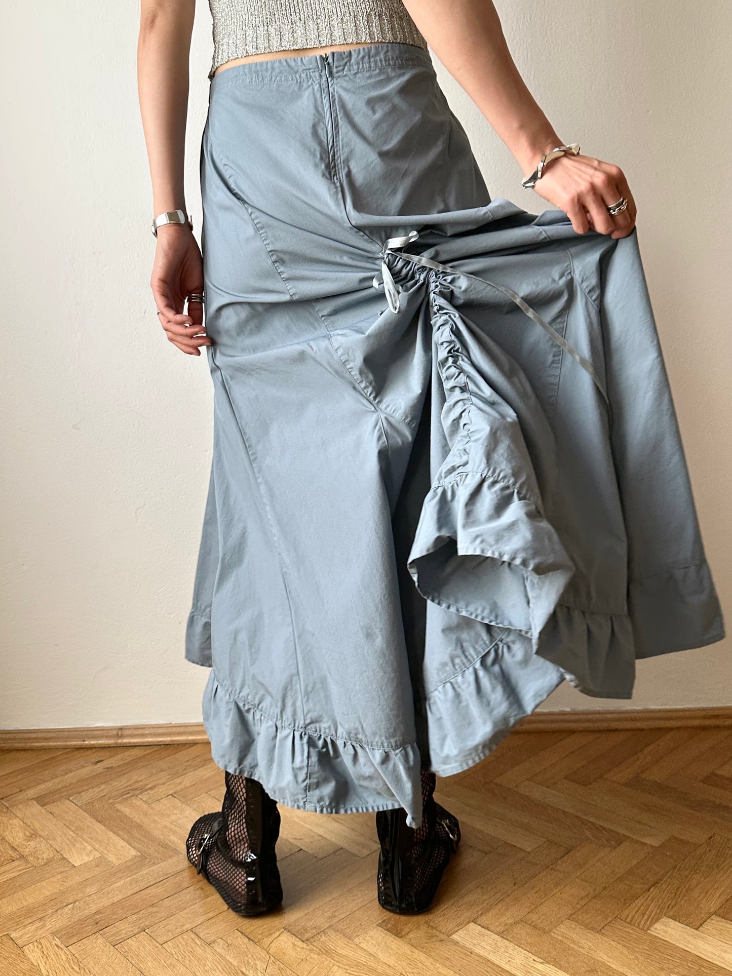 Asymmetrical lace up skirt in cloudy blue W27