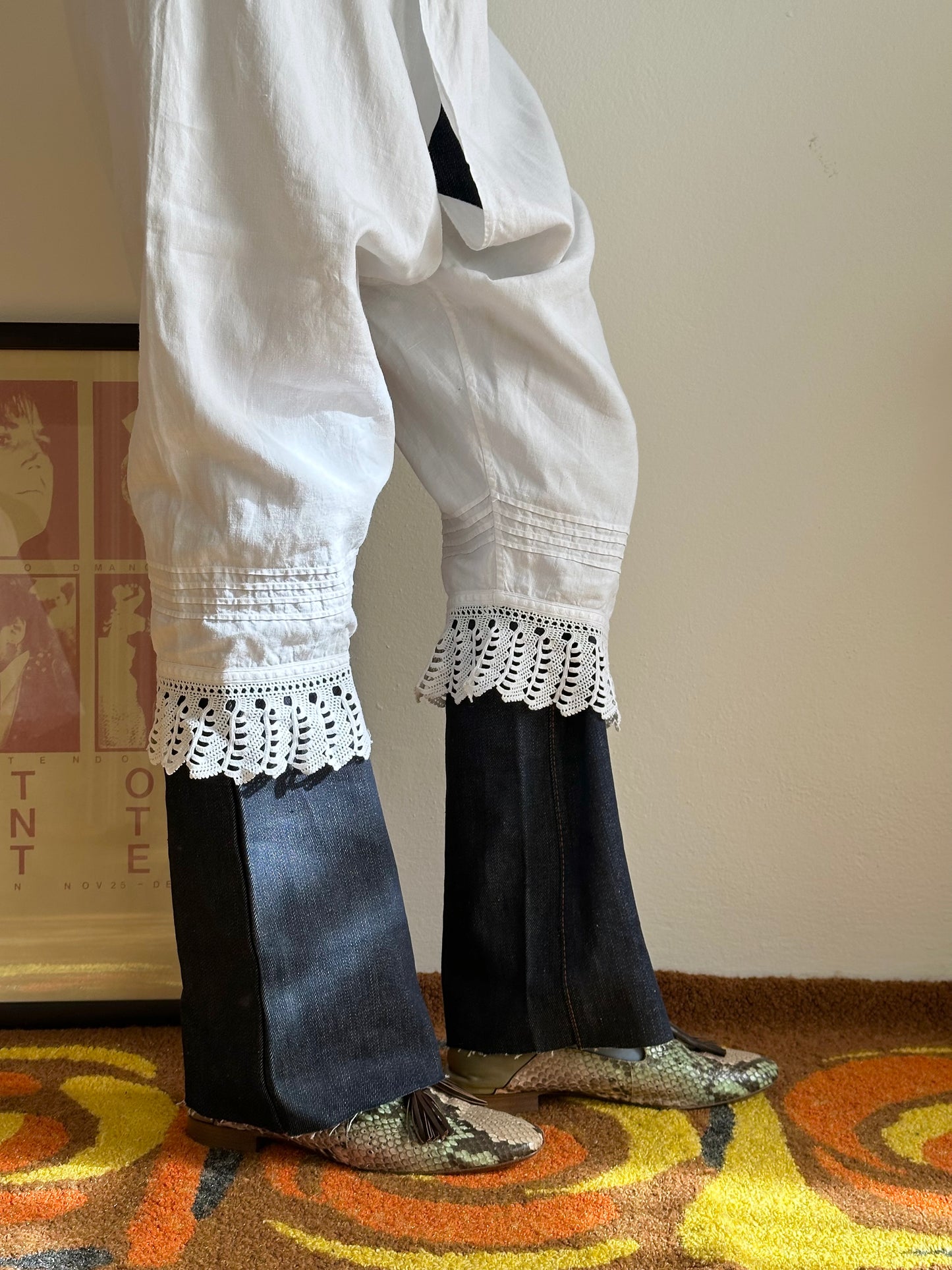 19th century cotton drawers with crochet hem