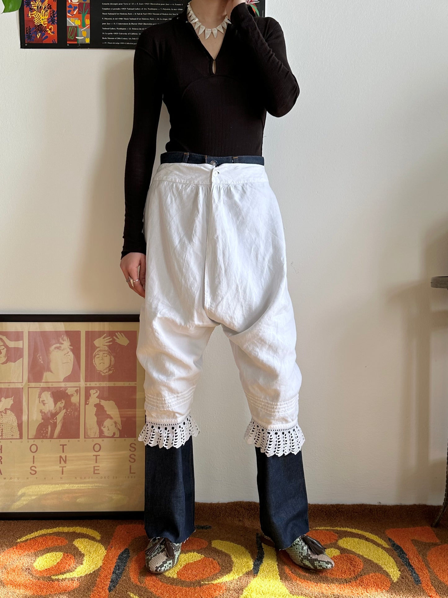 19th century cotton drawers with crochet hem