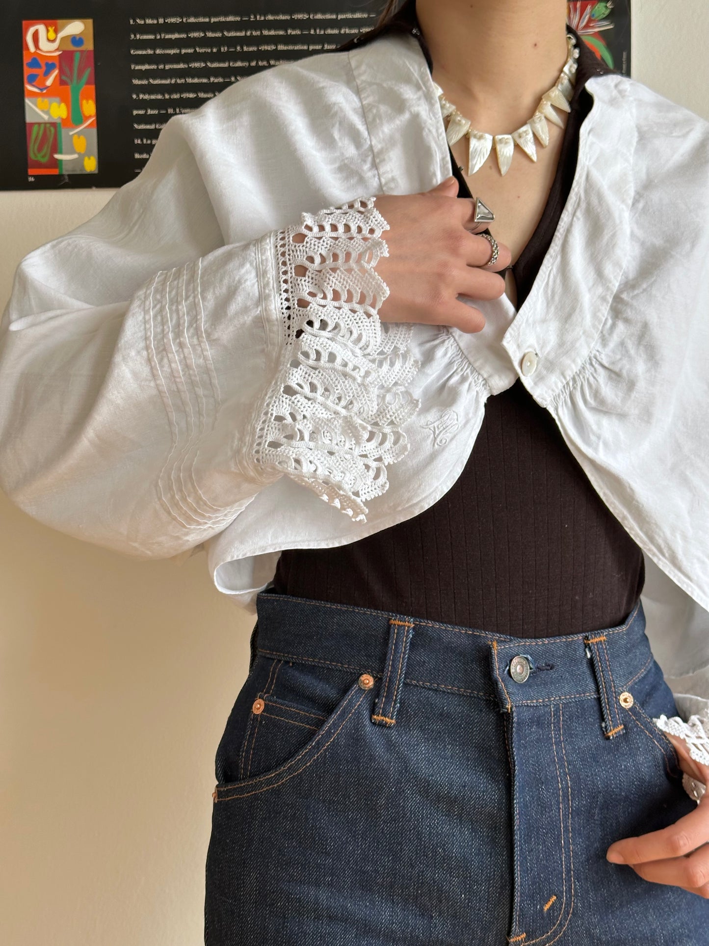 19th century cotton drawers with crochet hem
