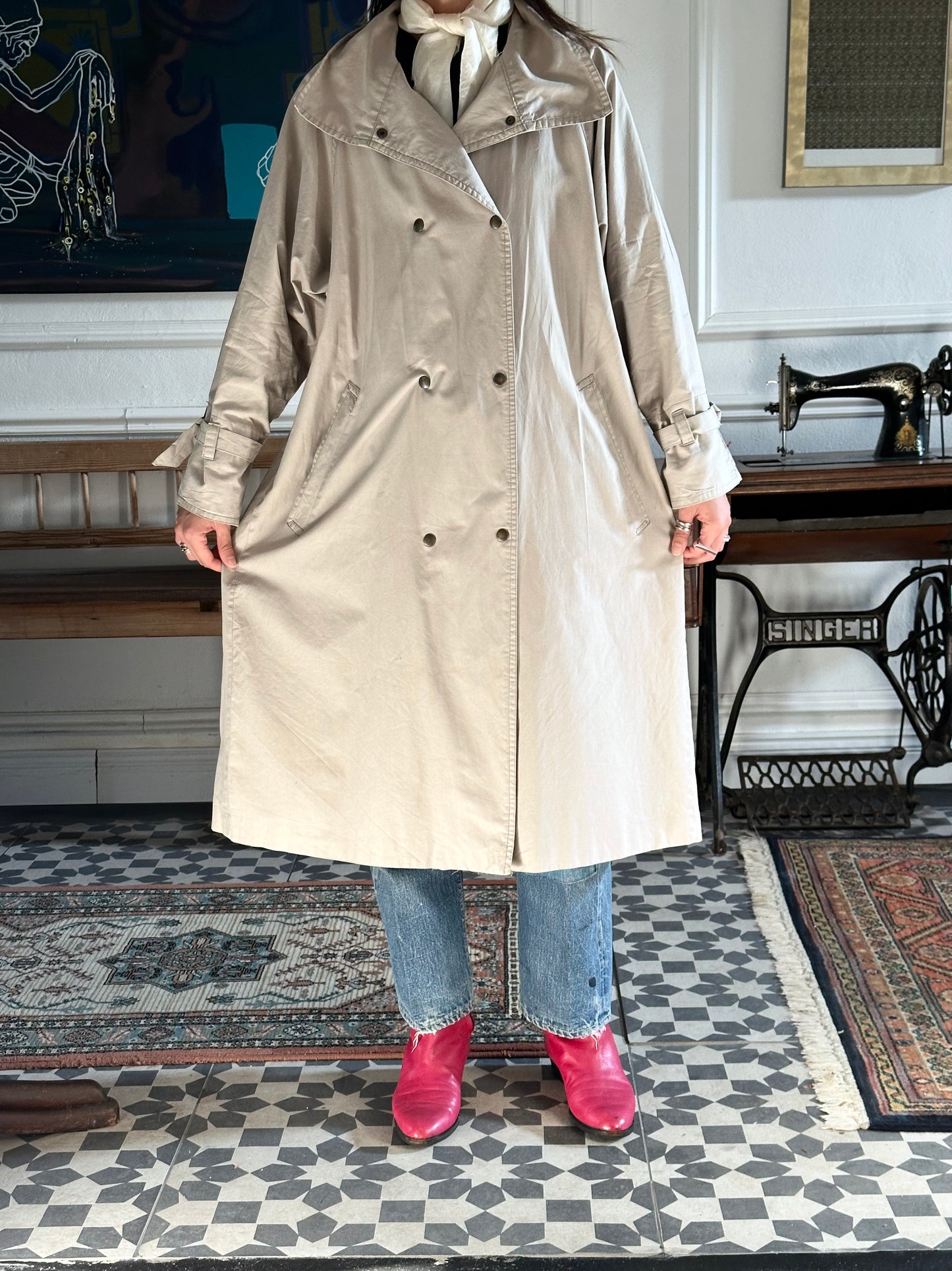 80s France double snap buttons cotton coat