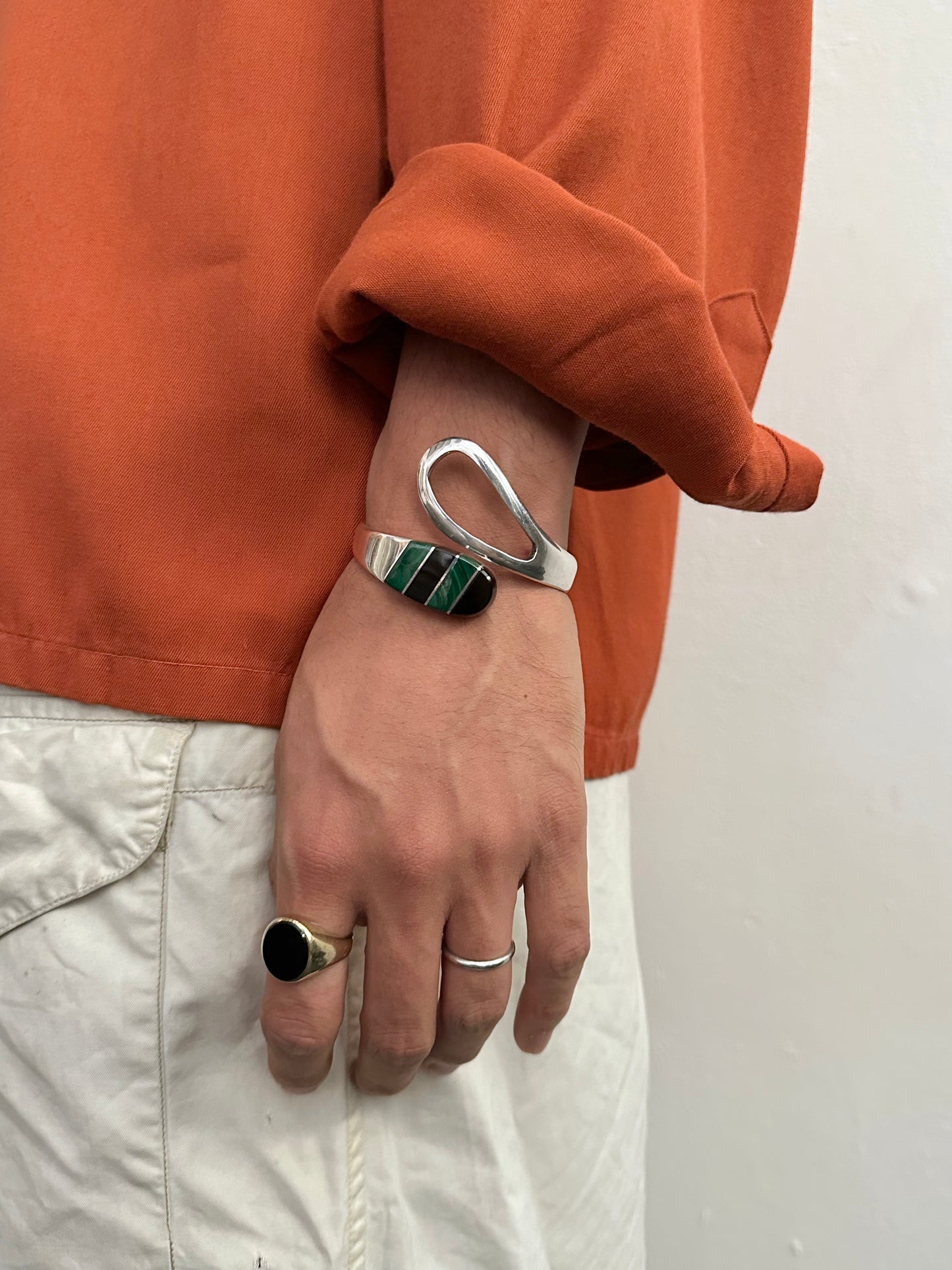 80s Mexico silver Malachite Onyx inlay bangle