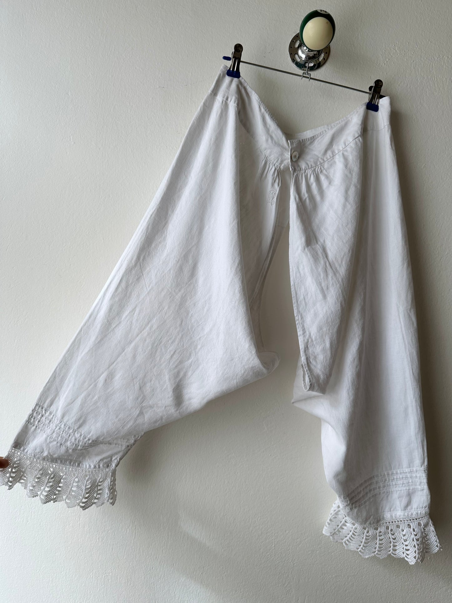 19th century cotton drawers with crochet hem