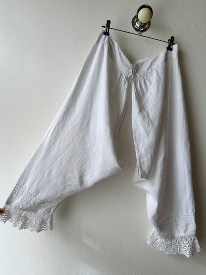 19th century cotton drawers with crochet hem