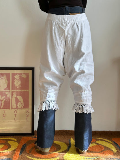 19th century cotton drawers with crochet hem
