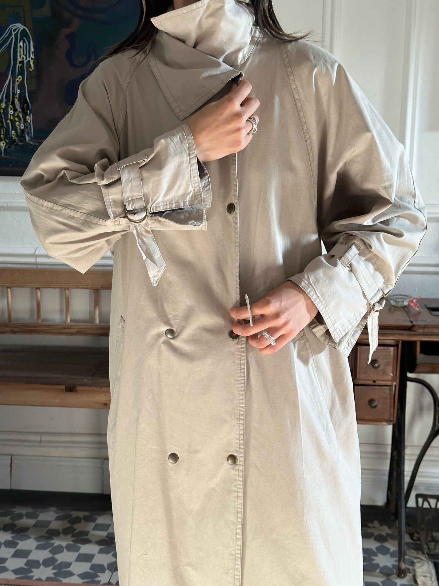 80s France double snap buttons cotton coat