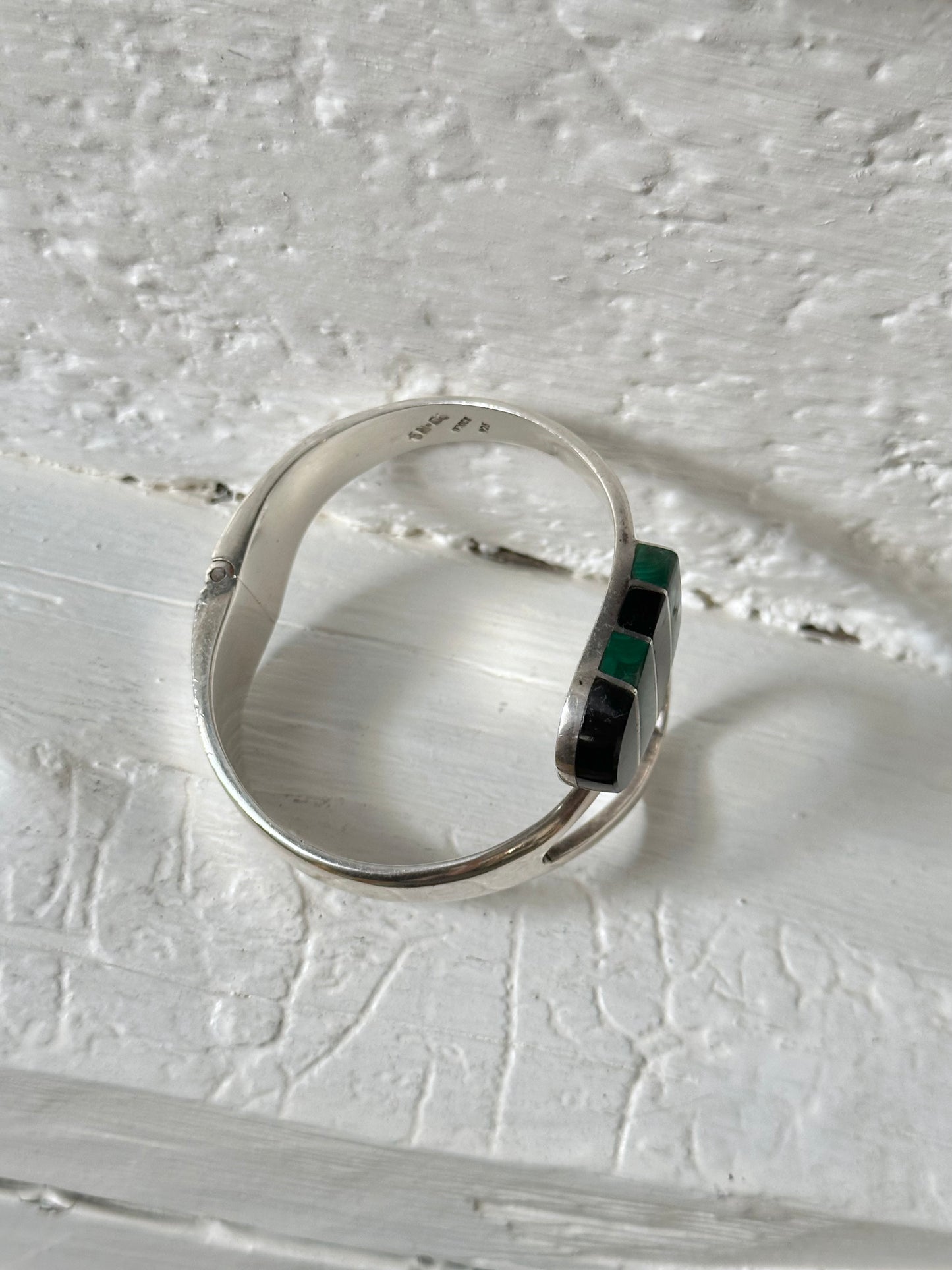 80s Mexico silver Malachite Onyx inlay bangle