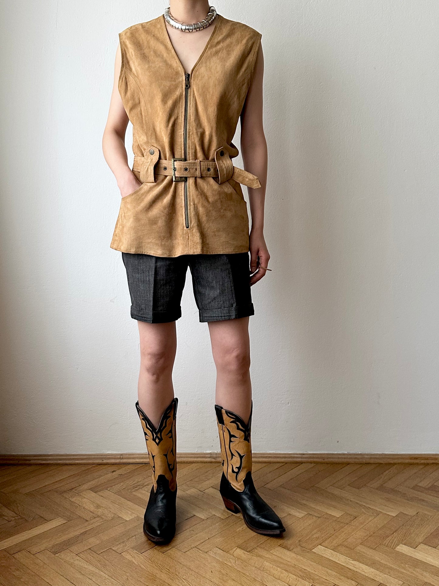 Nubuck leather belted vest