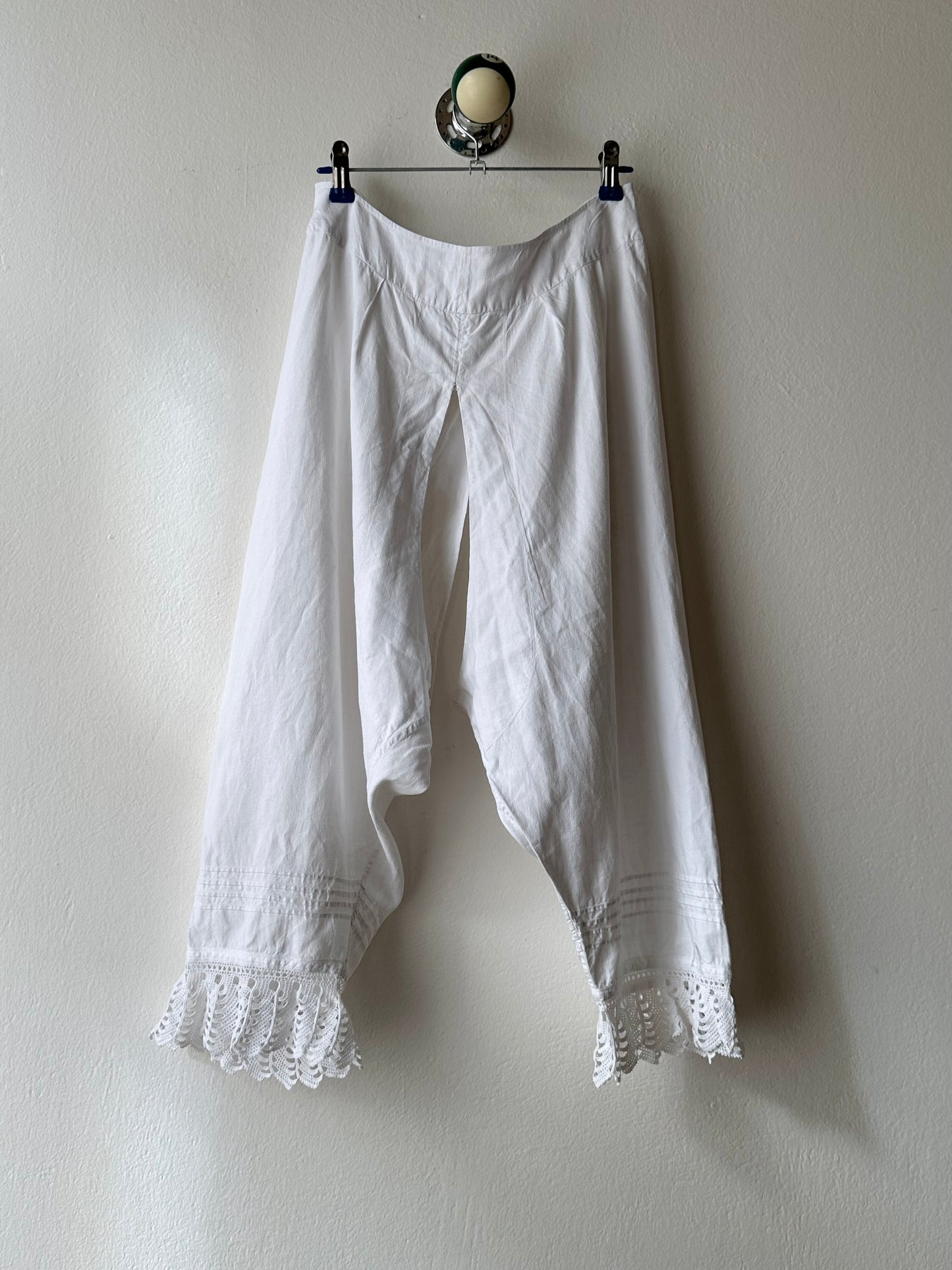 19th century cotton drawers with crochet hem