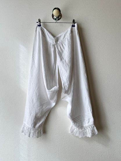 19th century cotton drawers with crochet hem