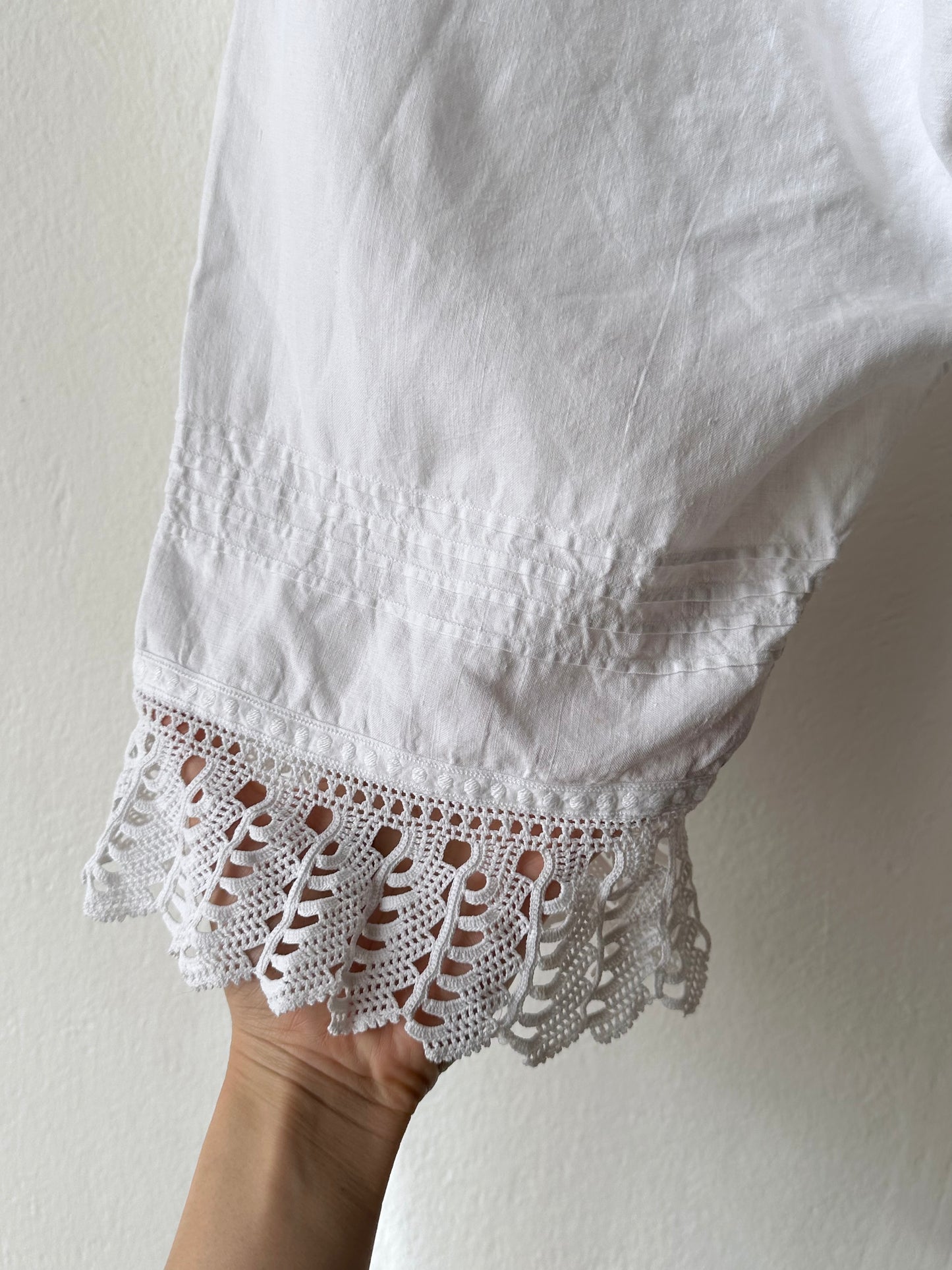 19th century cotton drawers with crochet hem