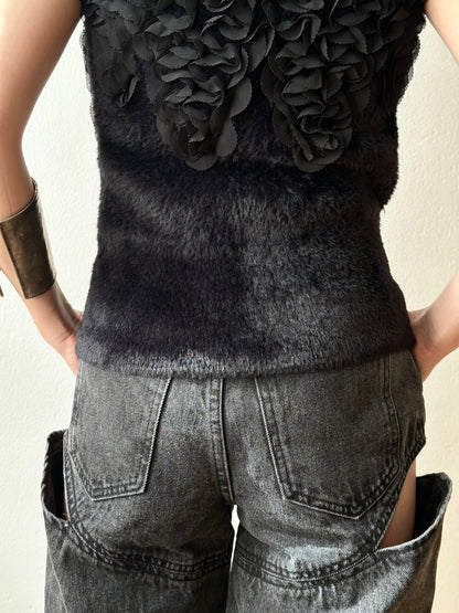 Black fur petals top
