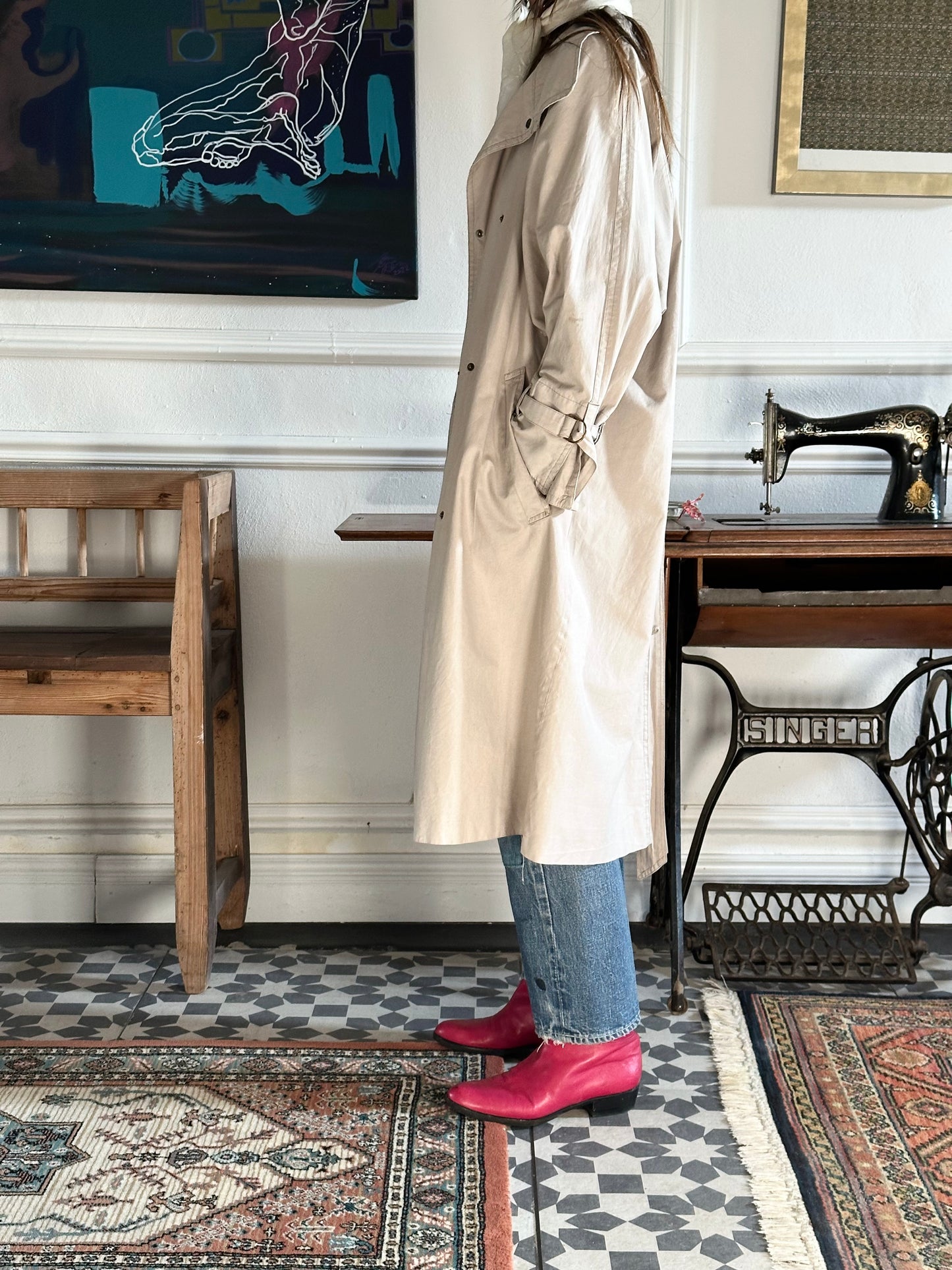 80s France double snap buttons cotton coat