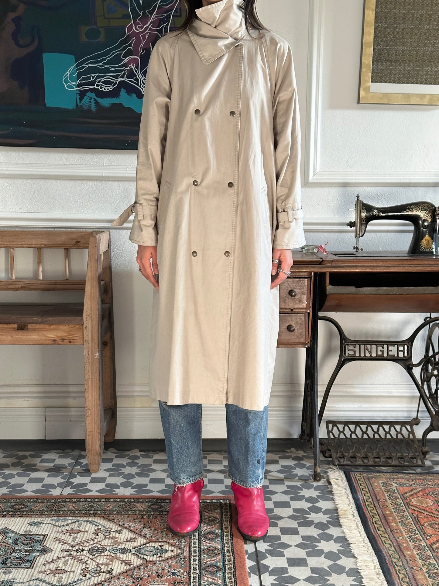 80s France double snap buttons cotton coat