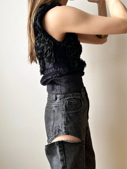 Black fur petals top