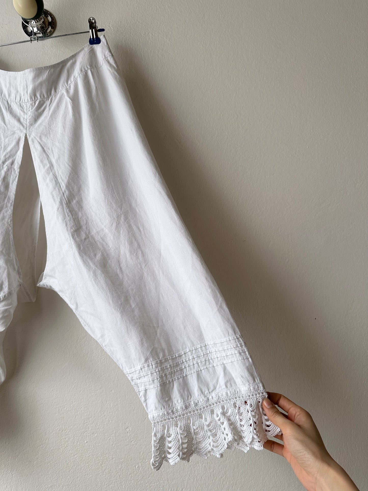 19th century cotton drawers with crochet hem