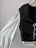 black white lace-up blouse