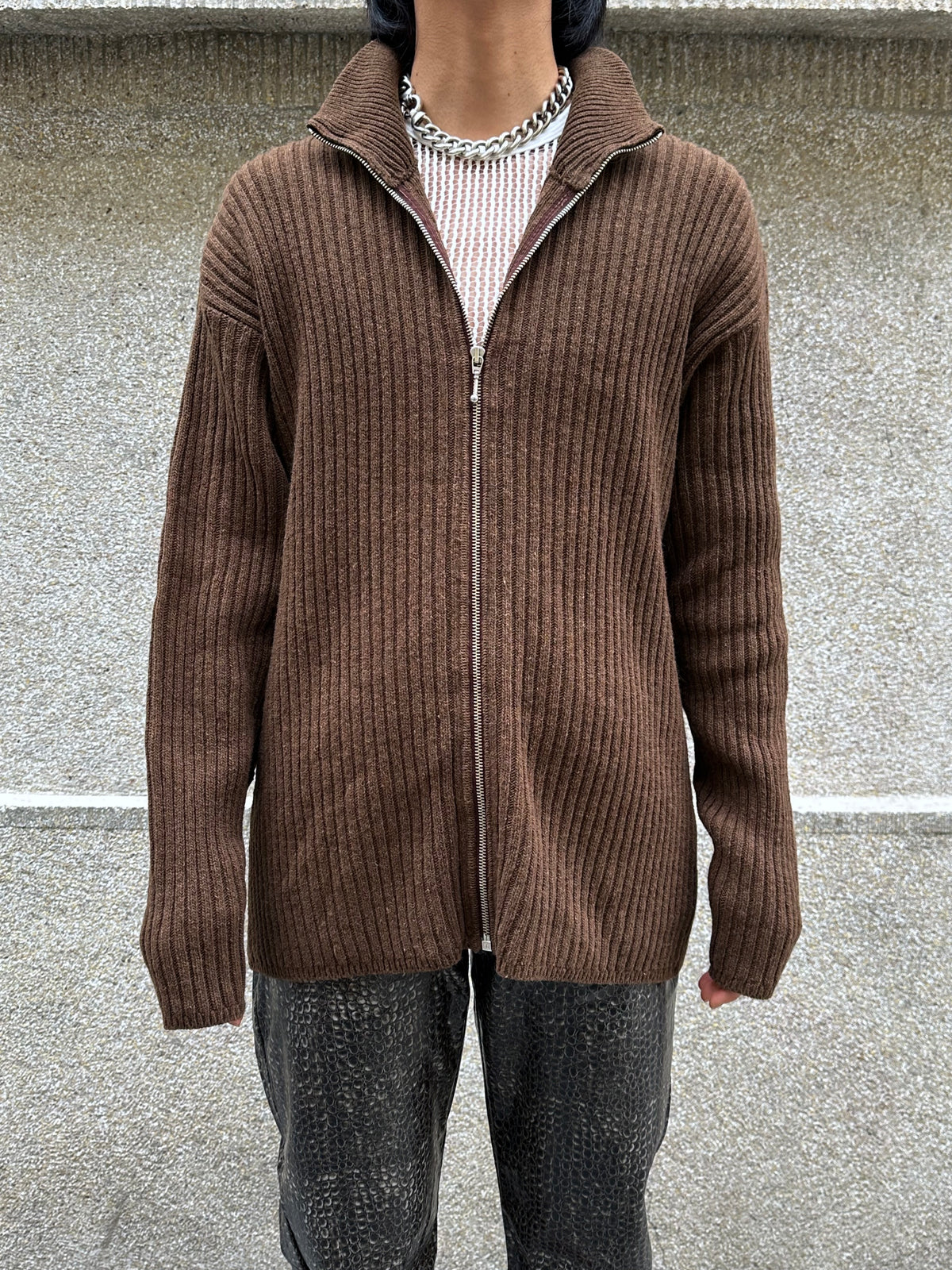 Brown knit zip up jacket