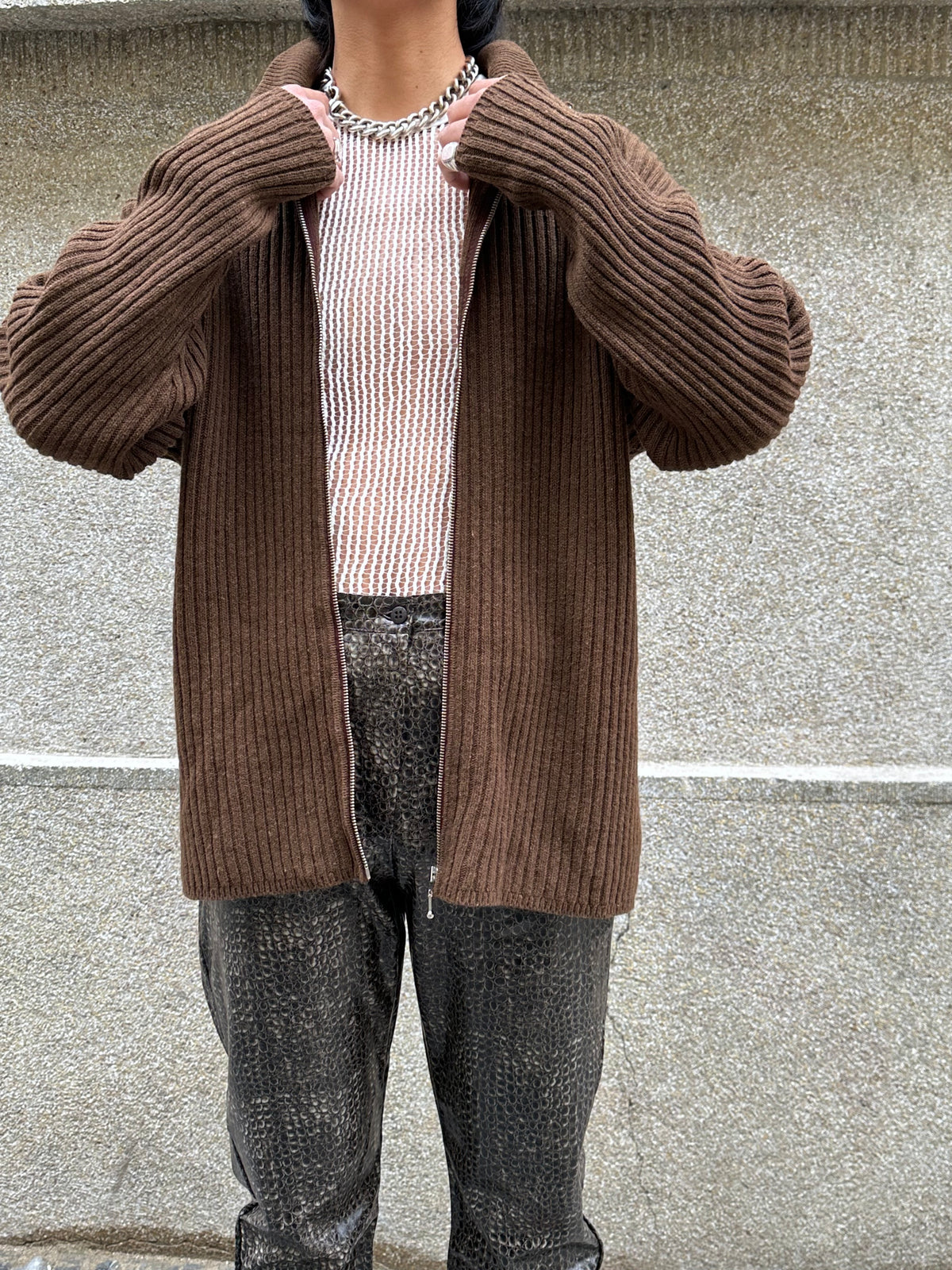 Brown knit zip up jacket