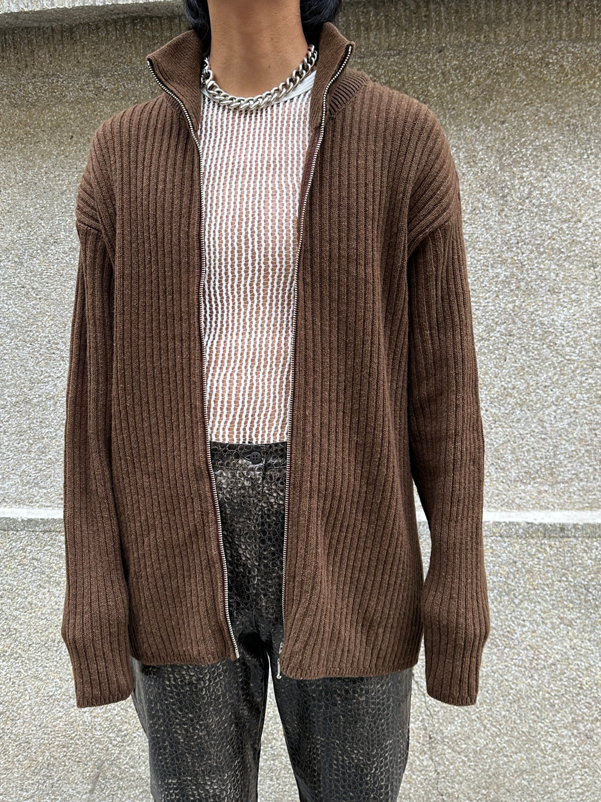 Brown knit zip up jacket