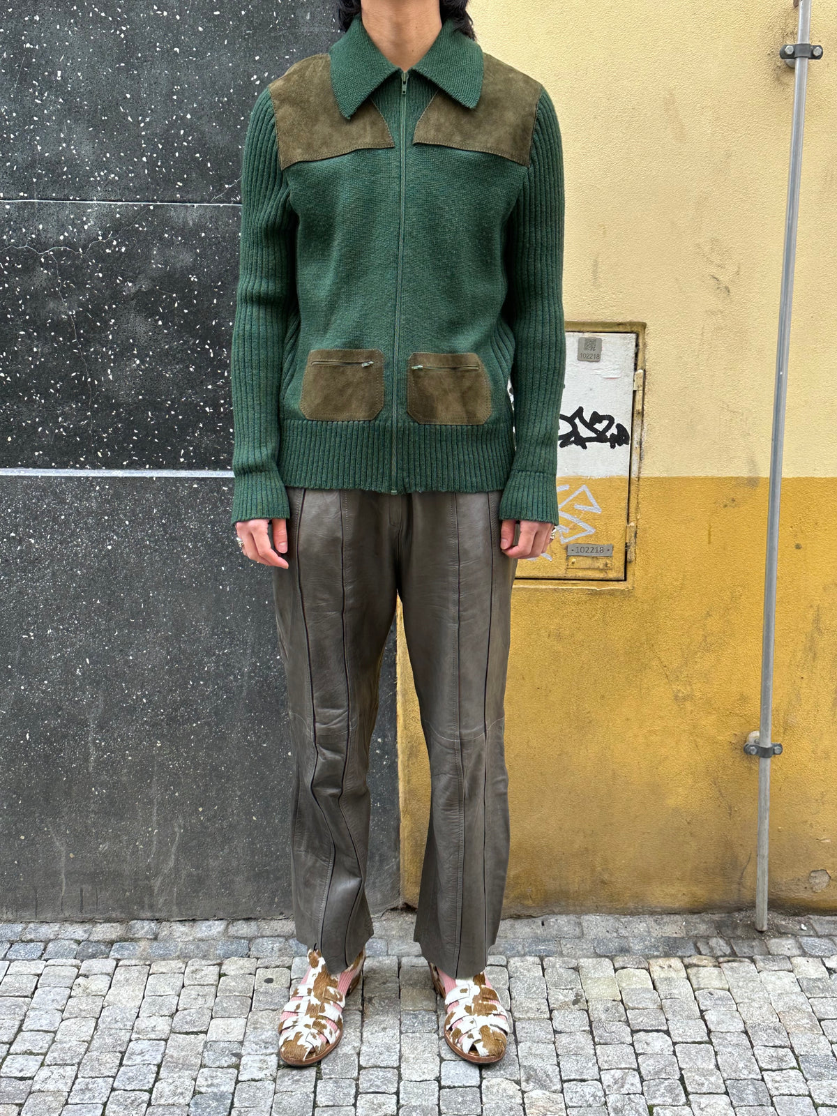 Suede/Wool knit zip-up jacket