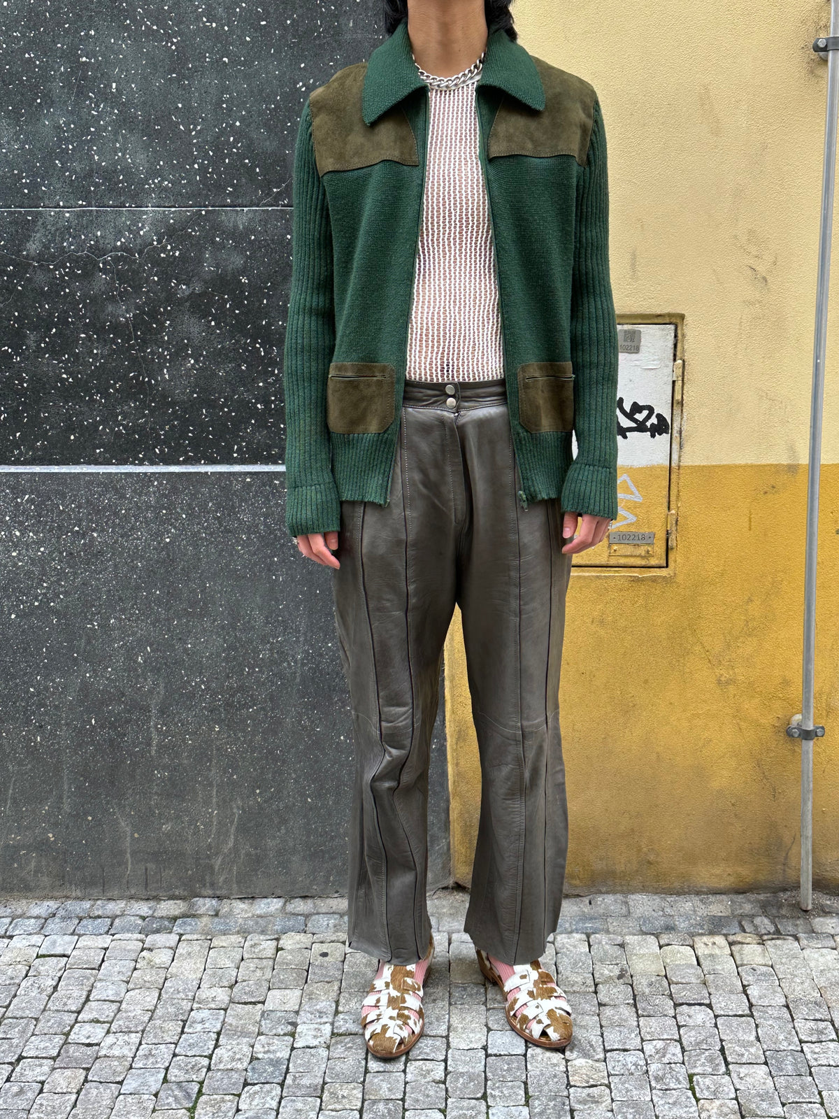 Suede/Wool knit zip-up jacket