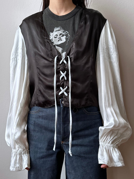 black white lace-up blouse