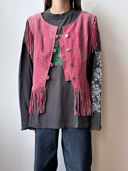 pink fringe suede vest leather vintage western cowboy USA アメリカ 古着 スエードベスト レザーベスト フリンジベスト