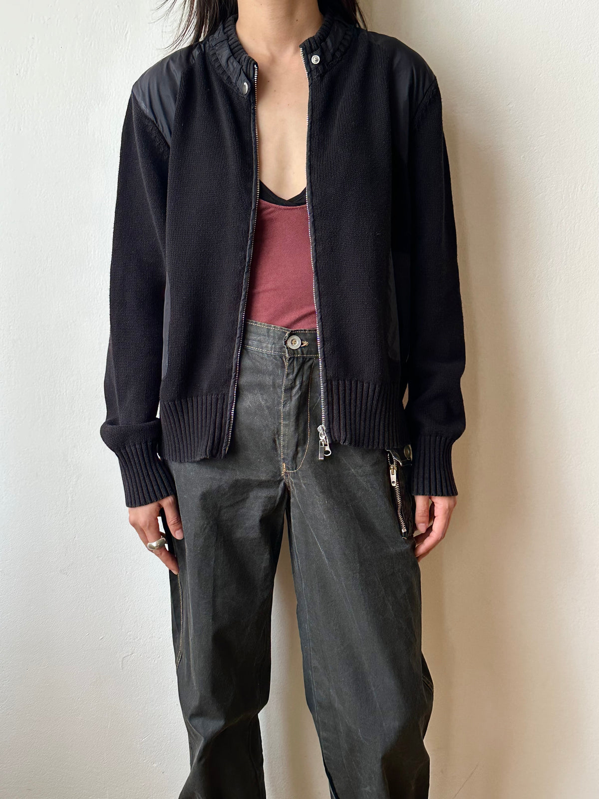 Black cotton x nylon zip-up jacket