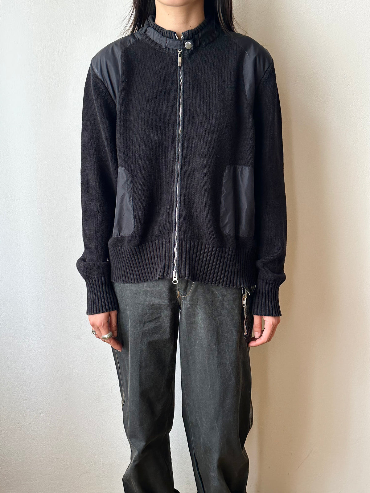 Black cotton x nylon zip-up jacket