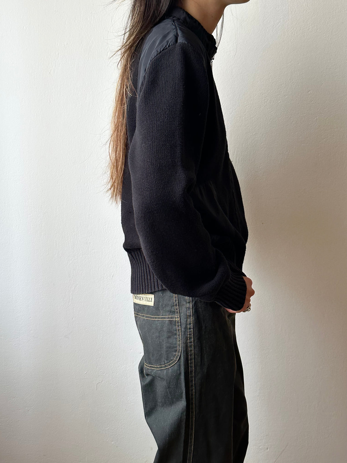 Black cotton x nylon zip-up jacket