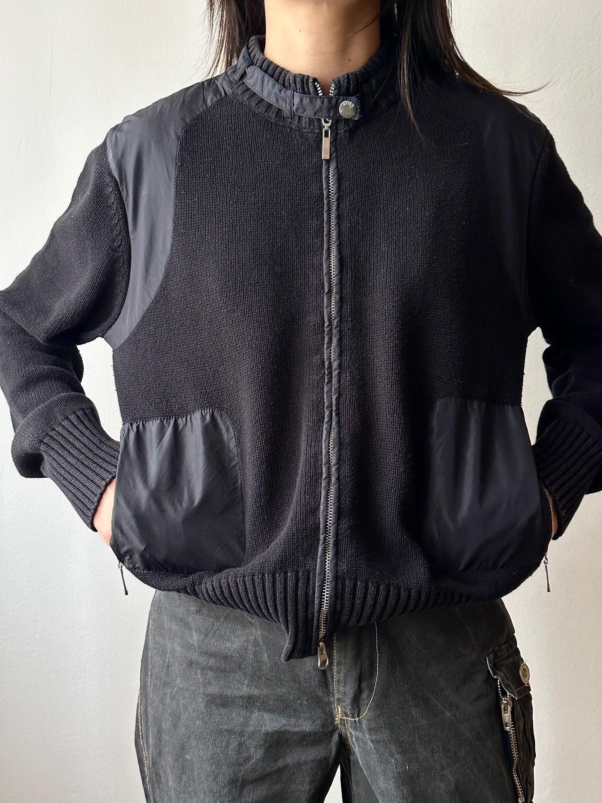 Black cotton x nylon zip-up jacket