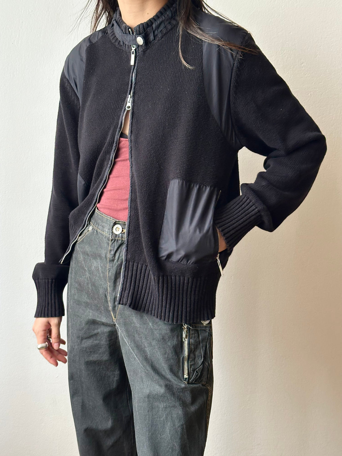 Black cotton x nylon zip-up jacket