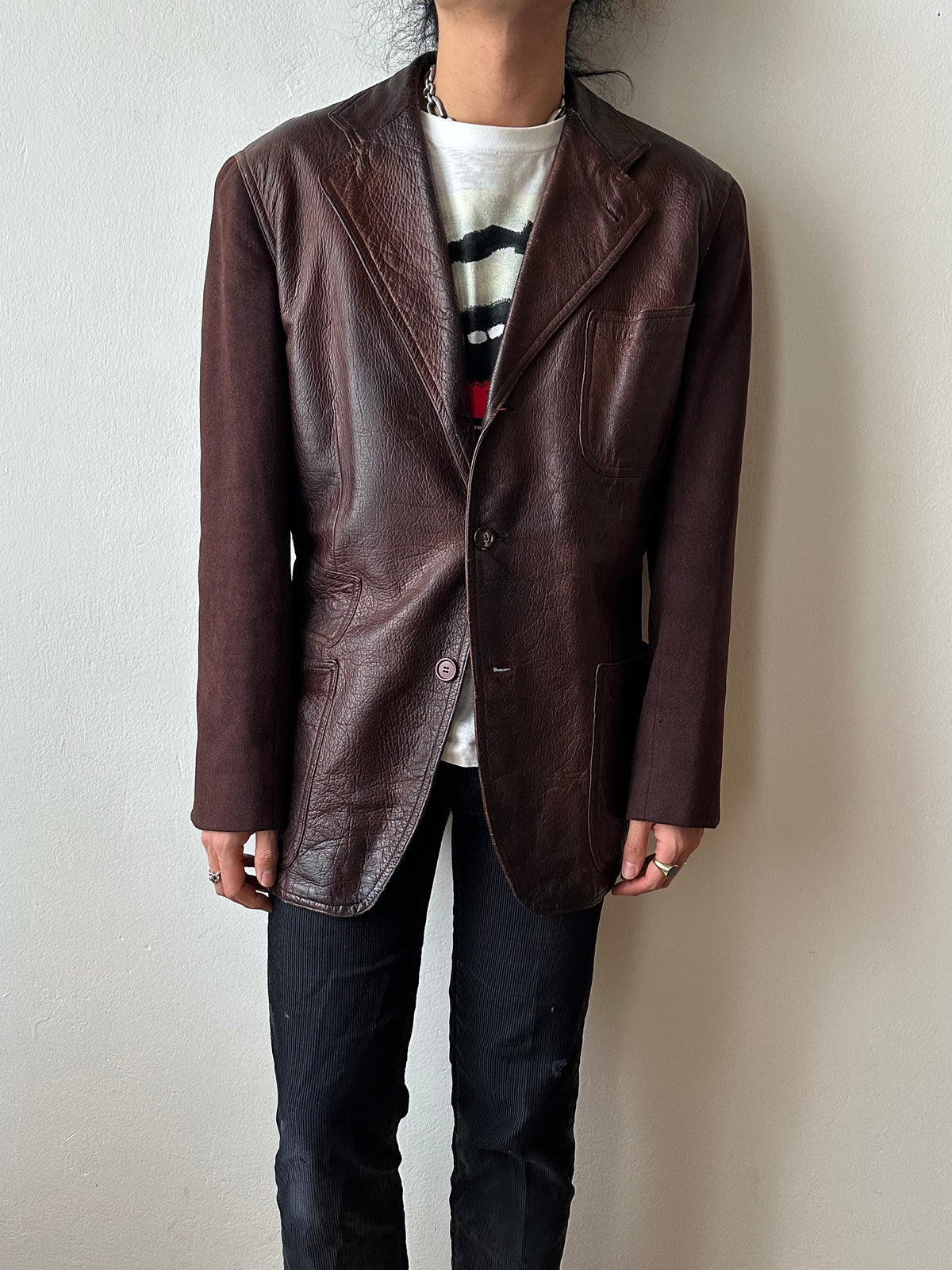 Leather Wool tailored jacket Vintage Czechoslovakia チェコスロバキア Brown 茶色 レザー テーラードジャケット ウール 茶色 Toto Prague プラハ 古着屋 古着 Antique shop Vintage clothing store 古着卸 Showroom 