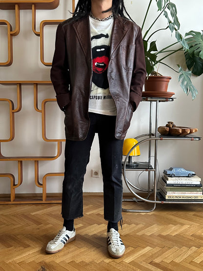 Leather Wool tailored jacket Vintage Czechoslovakia チェコスロバキア Brown 茶色 レザー テーラードジャケット ウール 茶色 Toto Prague プラハ 古着屋 古着 Antique shop Vintage clothing store 古着卸 Showroom 