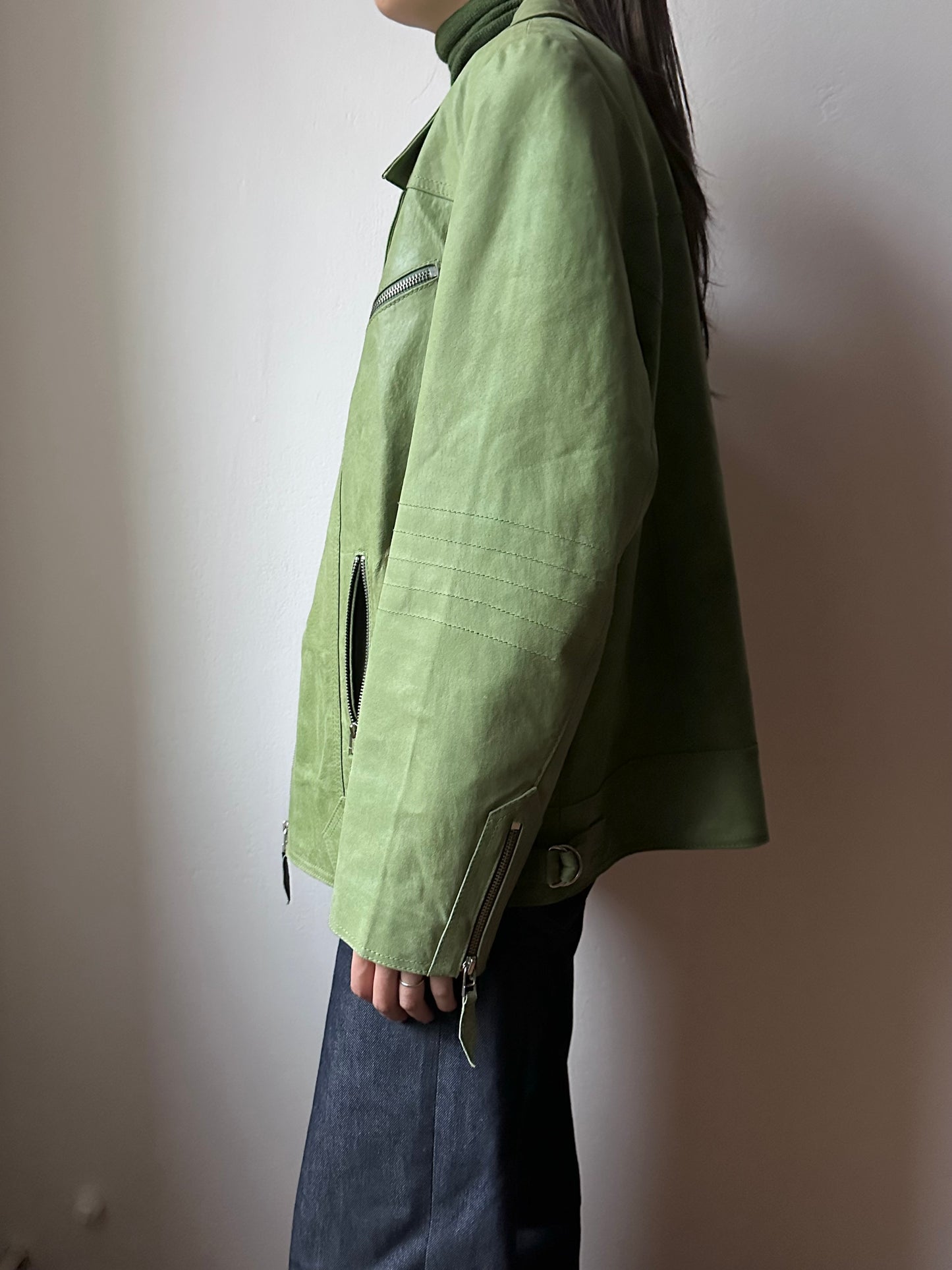 leather jacket in pale green