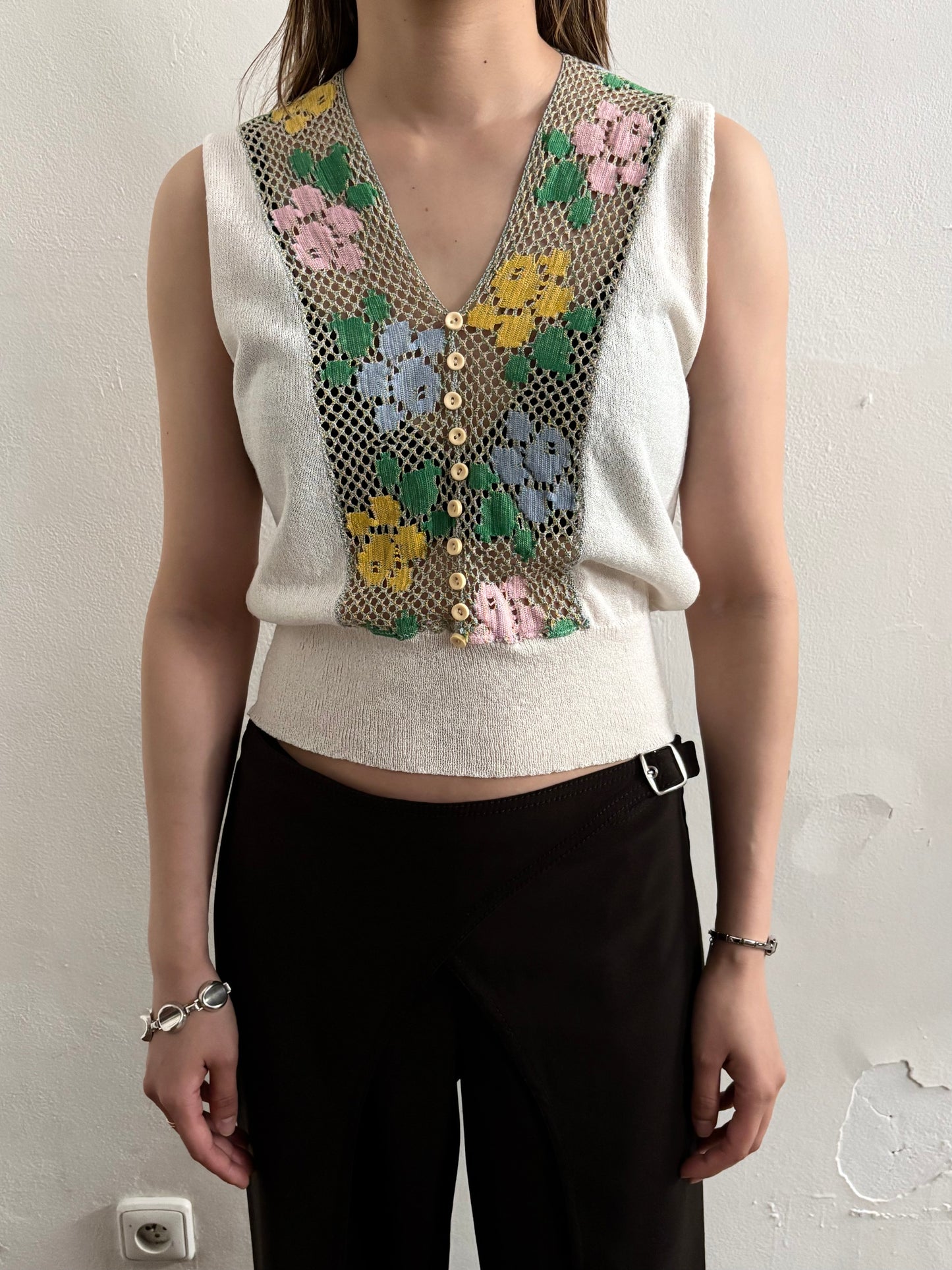 70s flower crochet chest summer knit