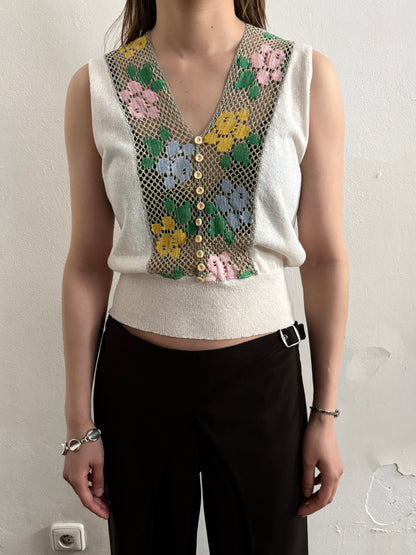 70s flower crochet chest summer knit