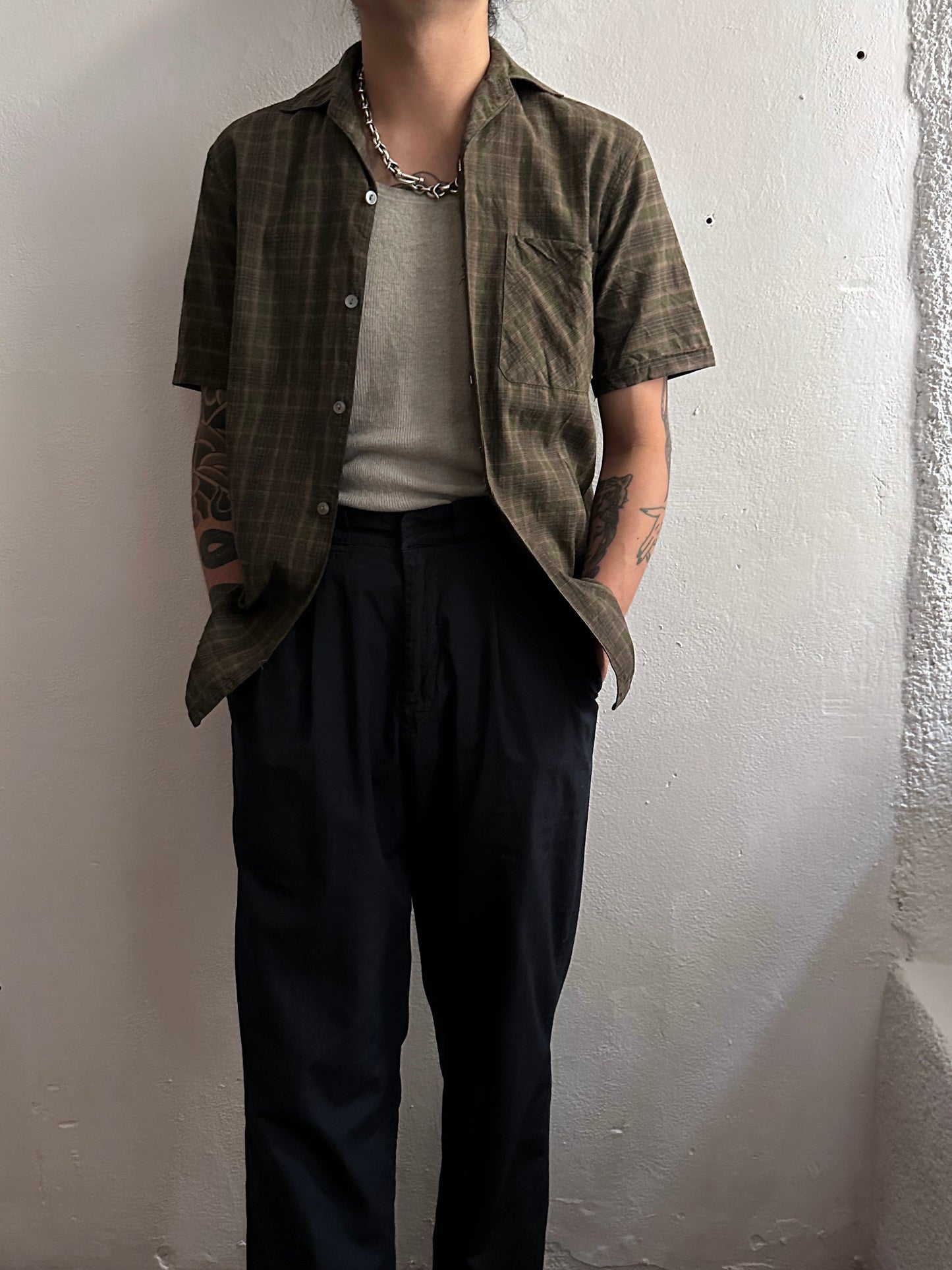 1960's French Open collar shirt 開襟シャツ 60年代 フランス Vintage ヴィンテージ 半袖シャツ Toto Praha Vintage clothing store Antique shop Prague 古着屋 アンティークショップ プラハ ユーロ古着  ヨーロッパ古着 古着卸 