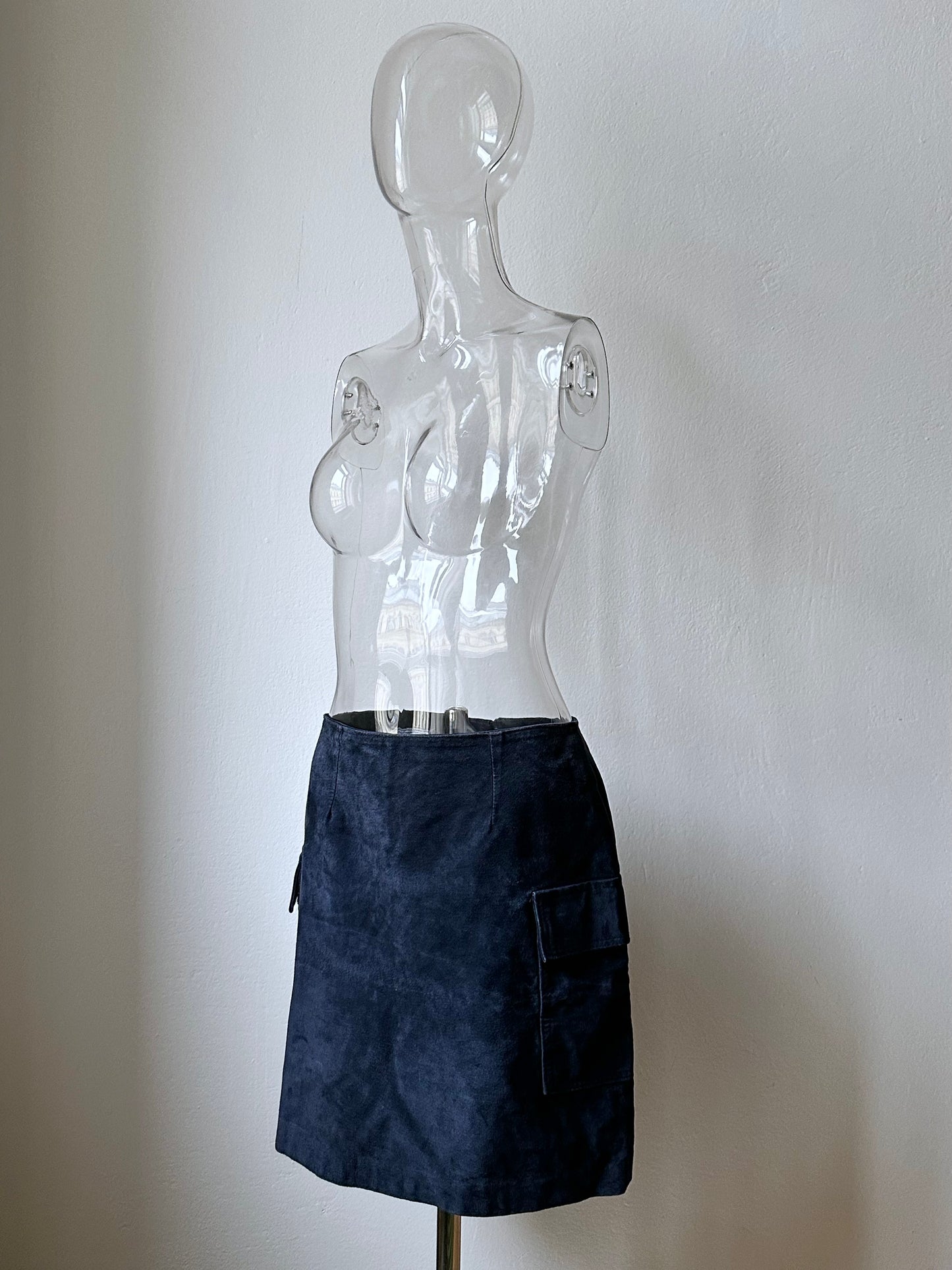 Navy suede mini cargo skirt